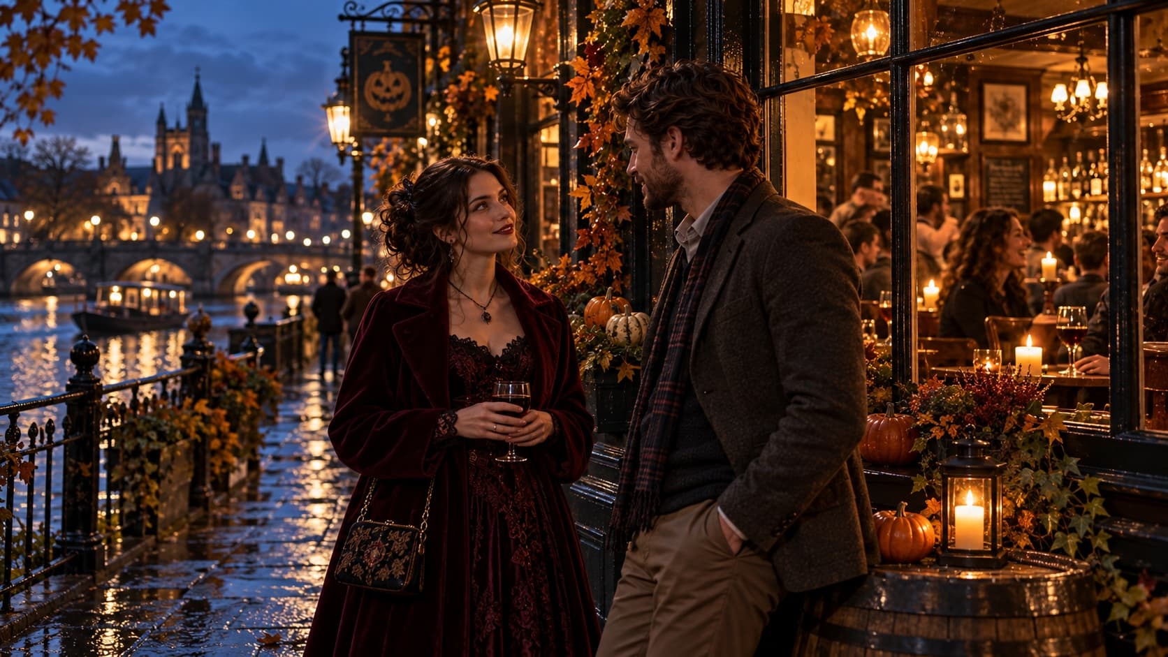 Two people talking outside a riverside cafe decorated with pumpkins and autumn leaves on a Halloween evening
